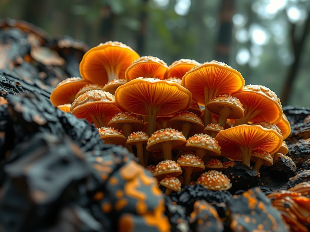 Hyperrealistic Fungi Bursting from Charred Tree Stump