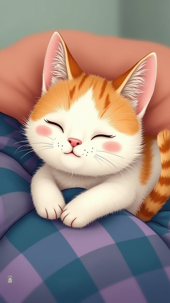 Charming Ginger and White Cat on Plaid Blanket