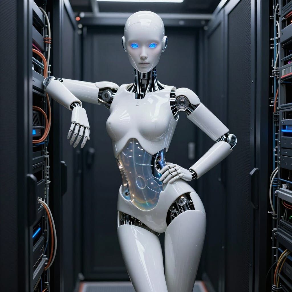 A hyper-realistic, cinematic of a next-generation "Physical AI" humanoid assistant in 2026. The android features a minim...