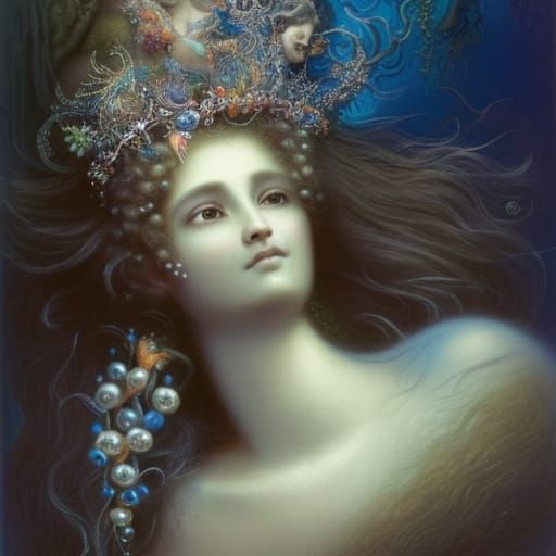 Mermaid Cheetah with Pearl Hair Ornament, Storybook Illustra...