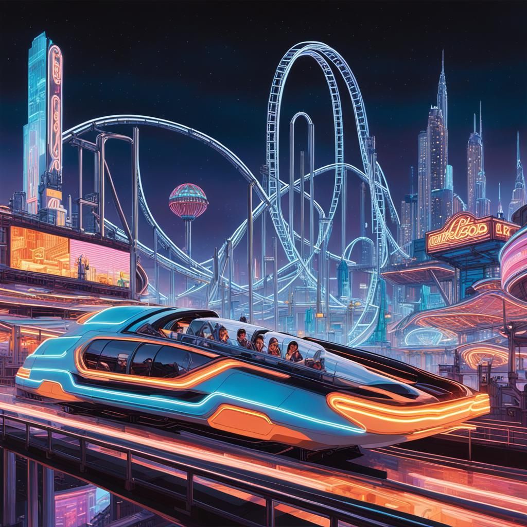 Futuristic Roller Coaster in Neon-Noir Theme Park