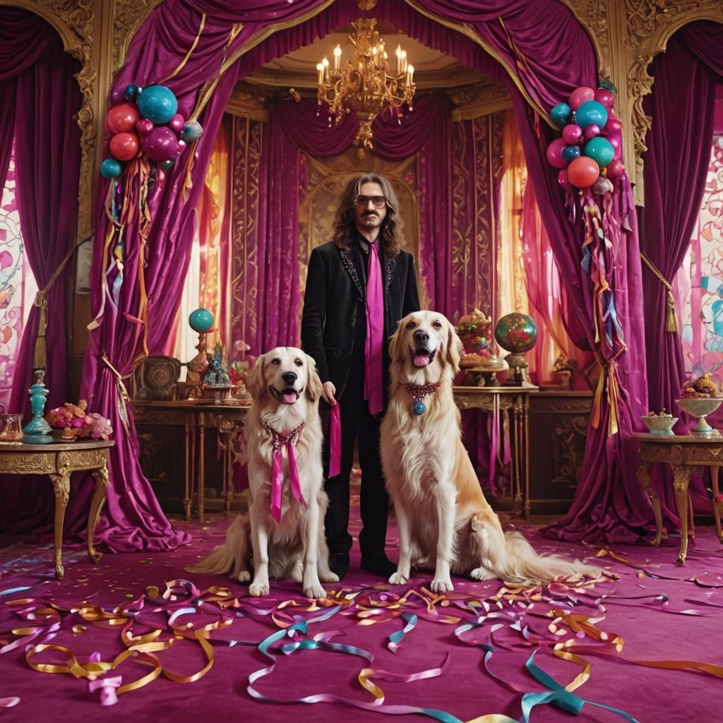 Person with Dog, Ribbons, and Velvet Curtains