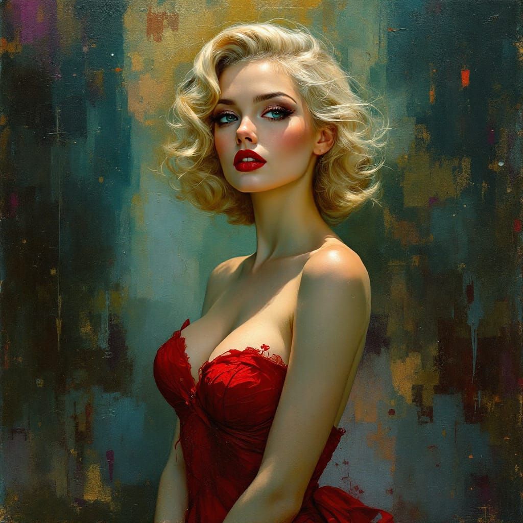 Blond Pin-Up in Red Dress, Atmospheric Oil Painting