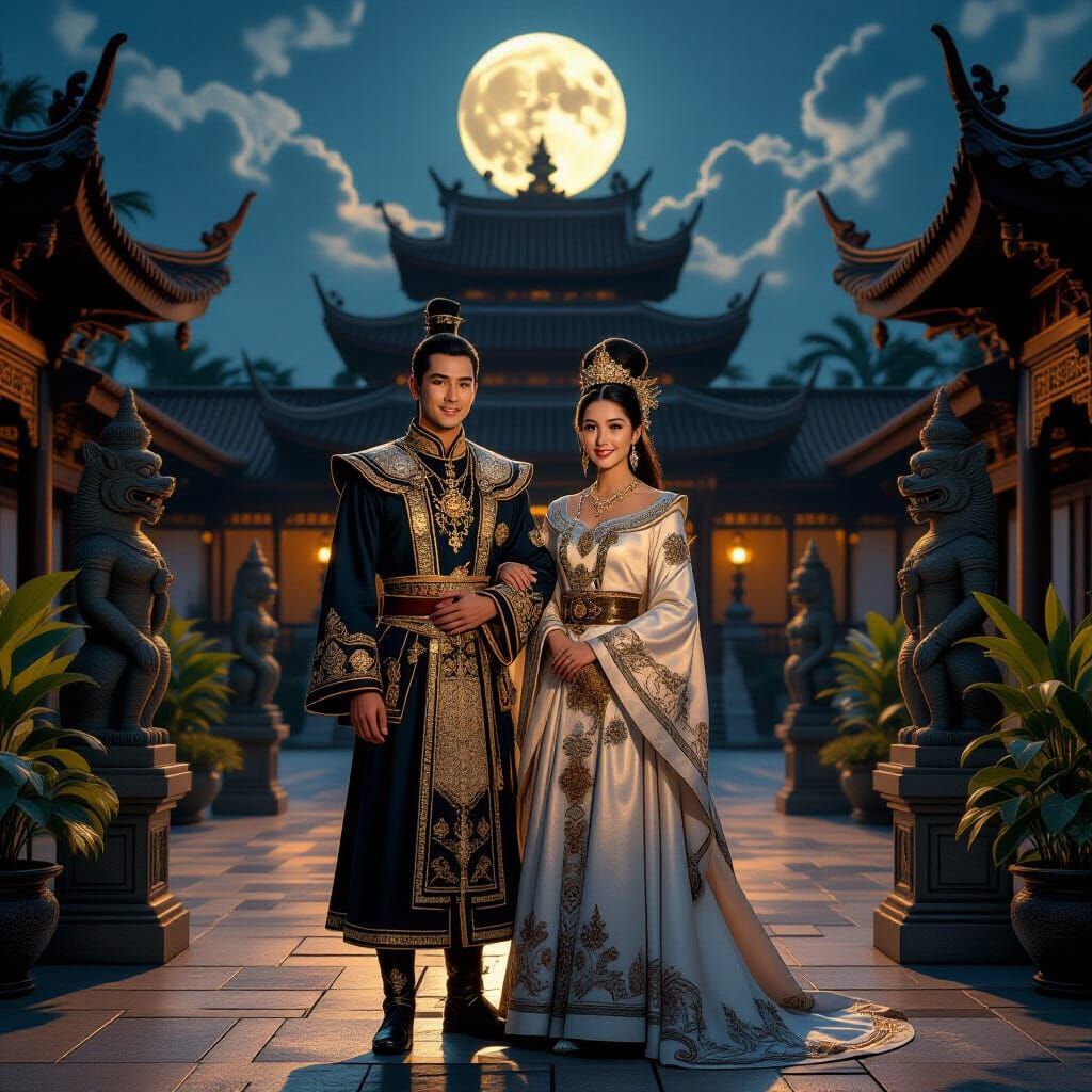 Regal Couple in Moonlit Palace Courtyard
