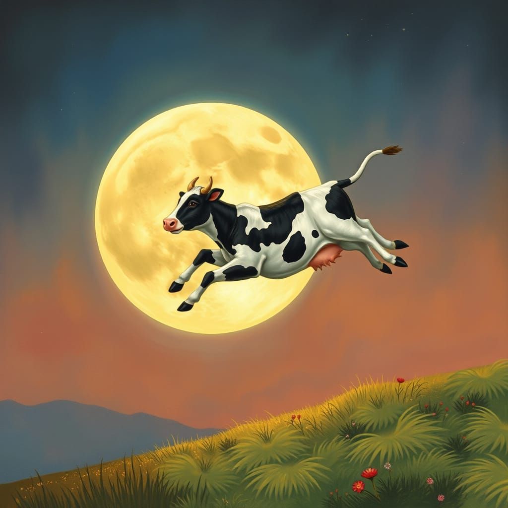 Cow Leaps Over Moon in Whimsical Style