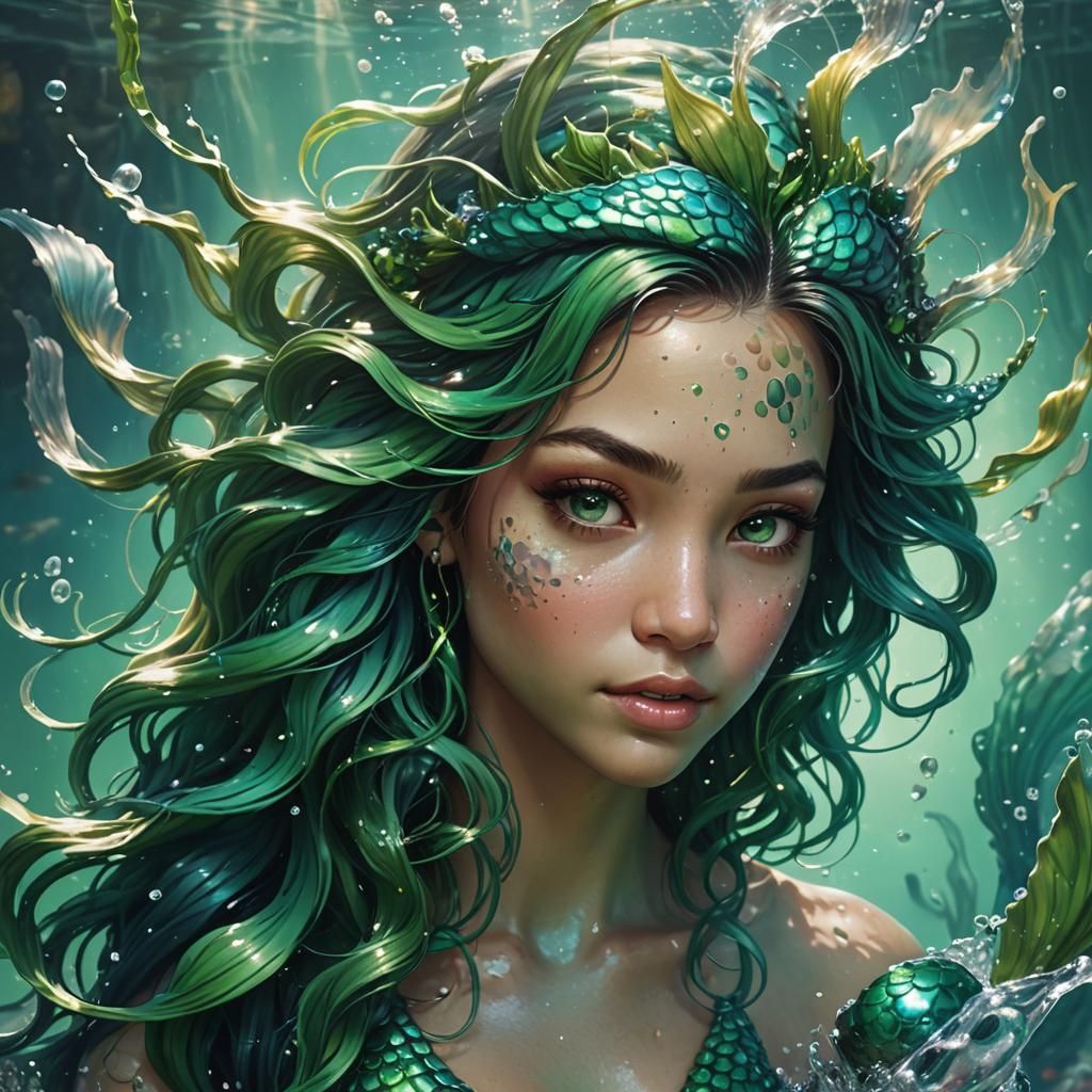 Green Mermaid in Hyperrealistic Splash Art