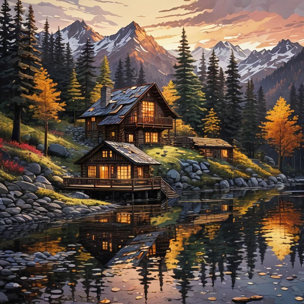 Mountain Cabin by Lake: Lyrical Abstraction in 3D