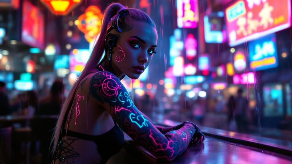 Cyborg Woman with Neon Tattoos at Futuristic Ramen Bar