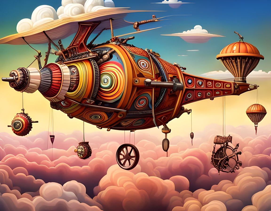 Whimsical Flying Machine Over Countryside, Hyperdetailed Ill...