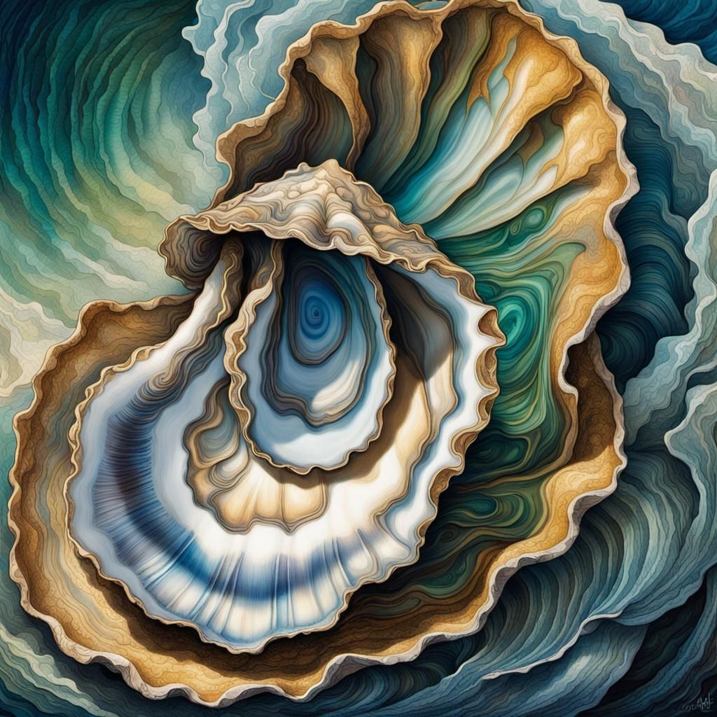 Wild Seascape in Oyster Shell: Etching Art