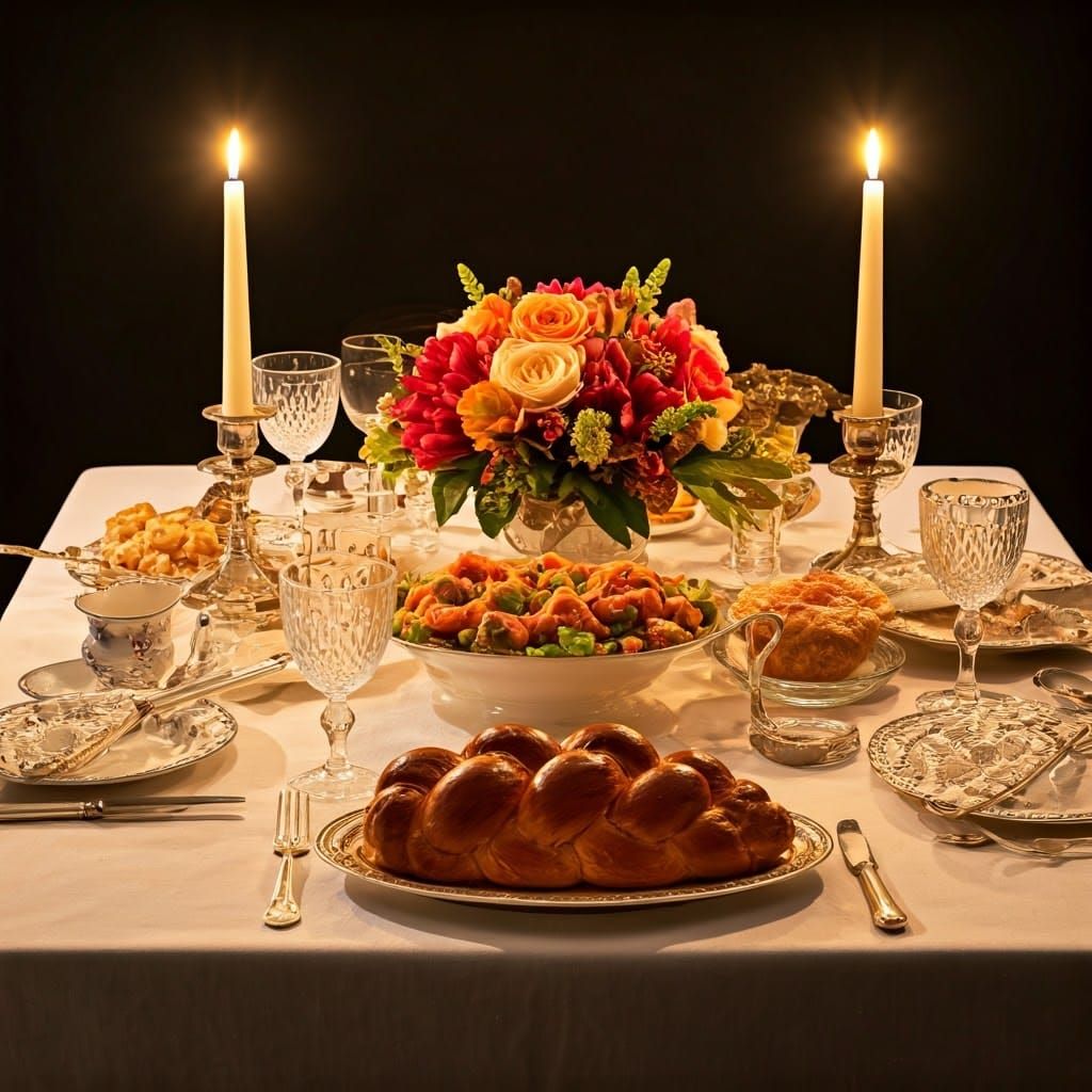 Elegant Shabbat Table Setting in Warm Candlelight