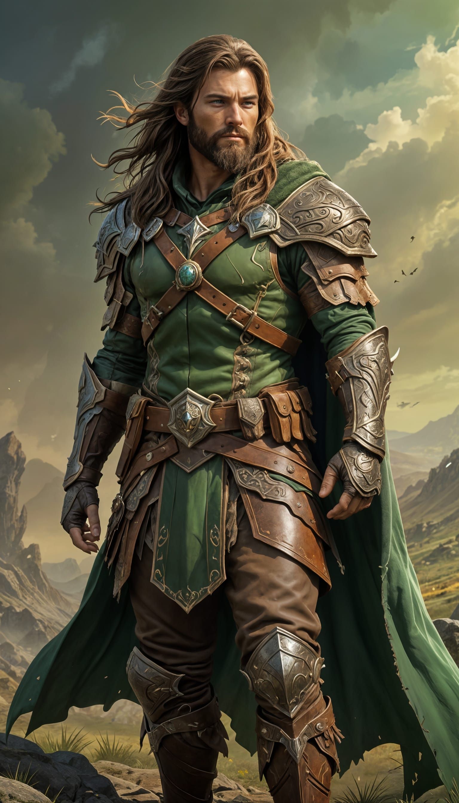 Fantasy Ranger in Green and Brown Leather Armor