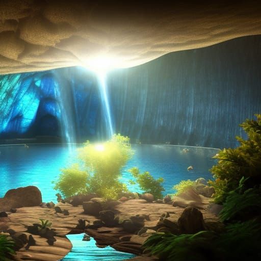 Labradorite cave oasis with beautiful lake with Crystal Clearwater& Labradorite crystals everywhere& ethereal vibes& oas...