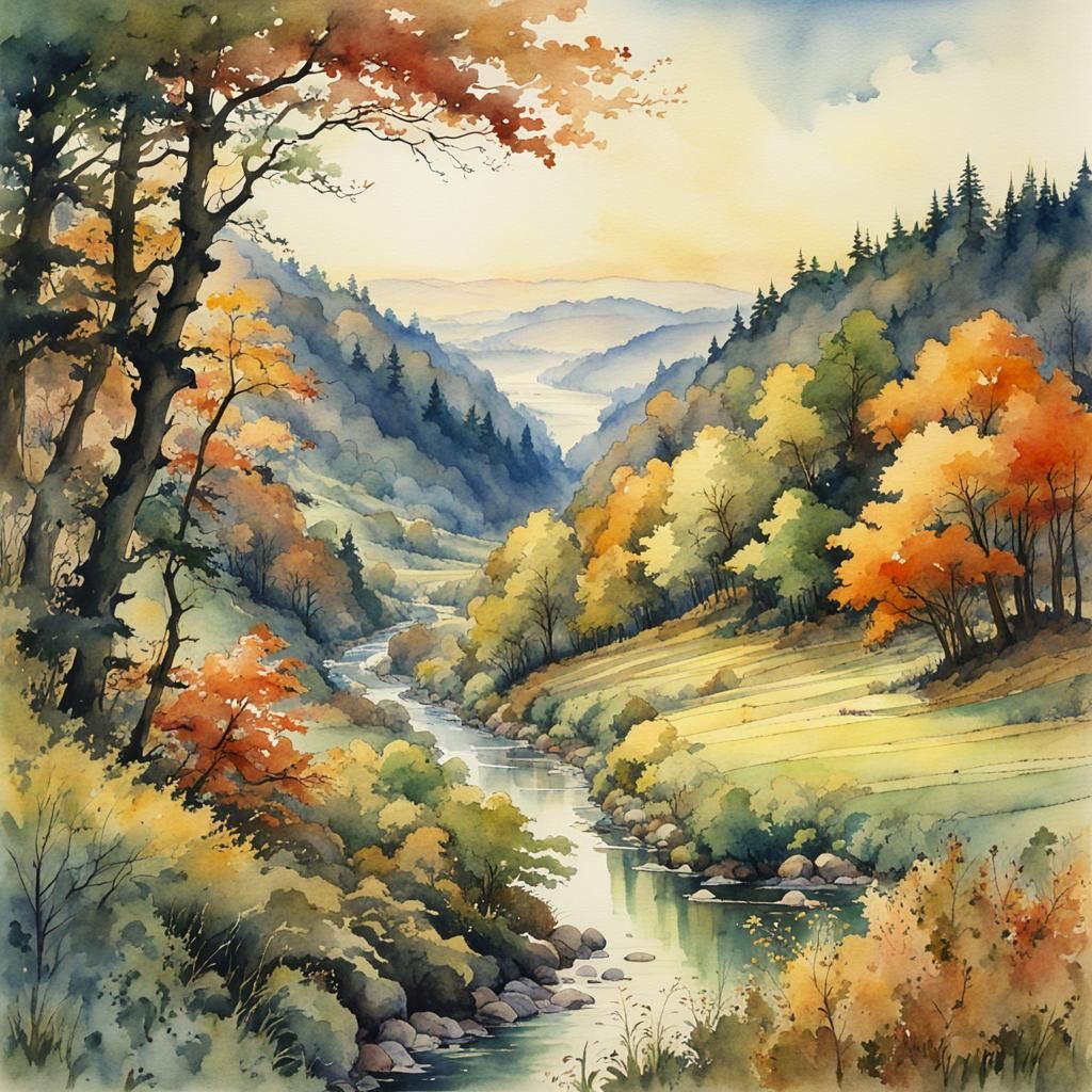 Watercolor Valley Landscape in Anime Style