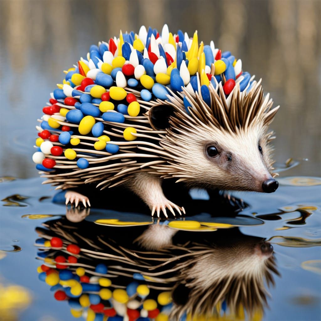 Hedgehog Formed From Spring Water in Monet Mondrian Style