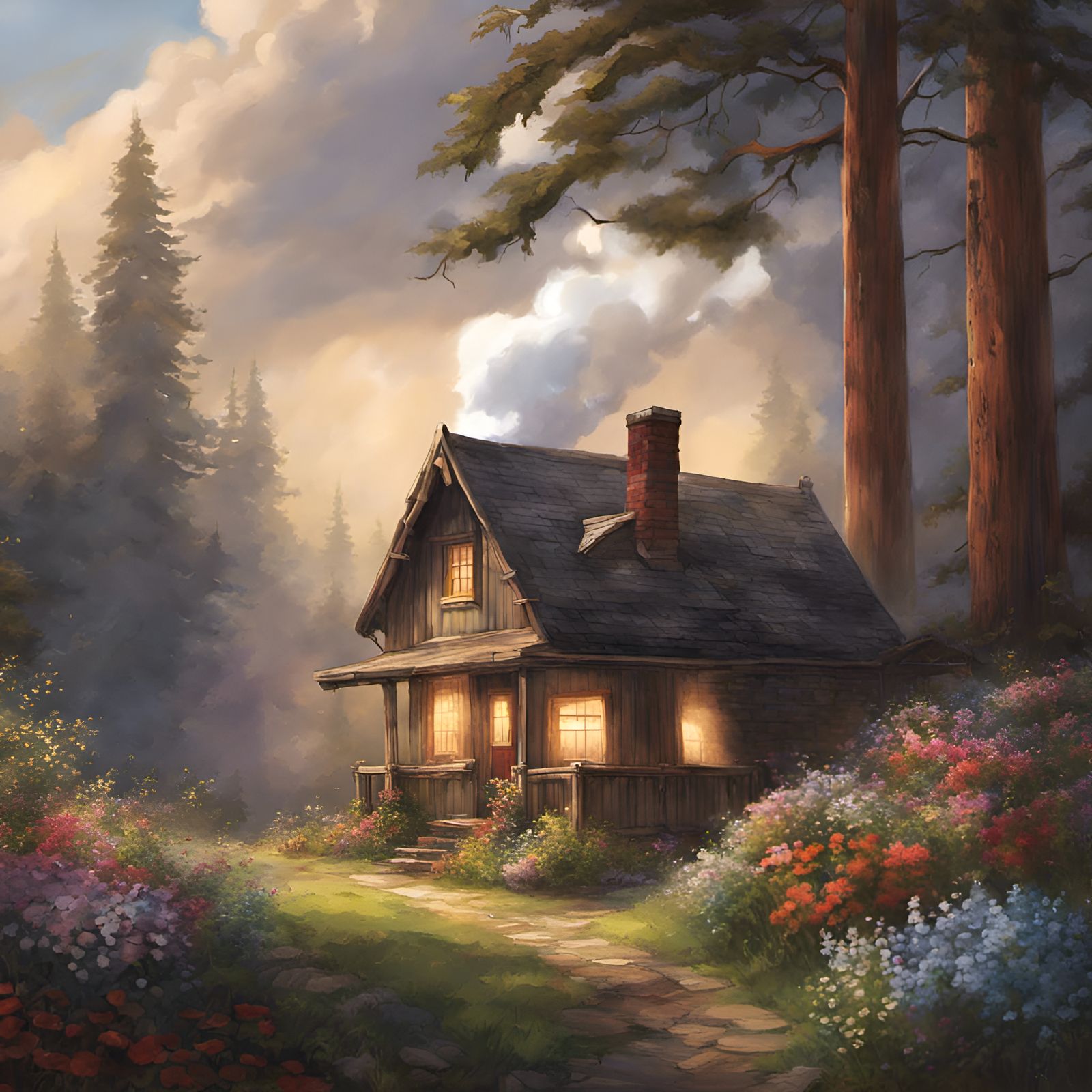 Sunlit Cottage Beside Redwood Forest After Storm