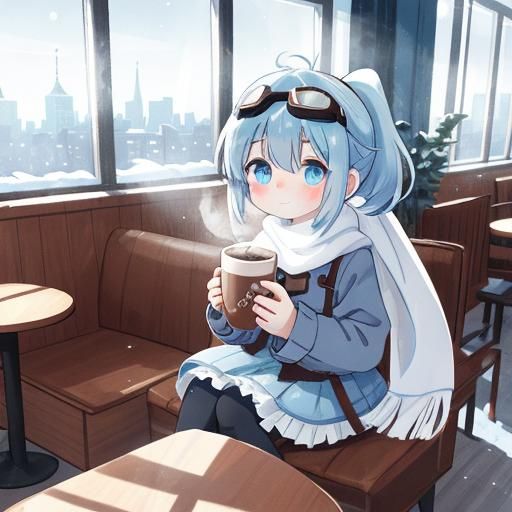 Anime Girl in Coffee Shop on Snowy Day
