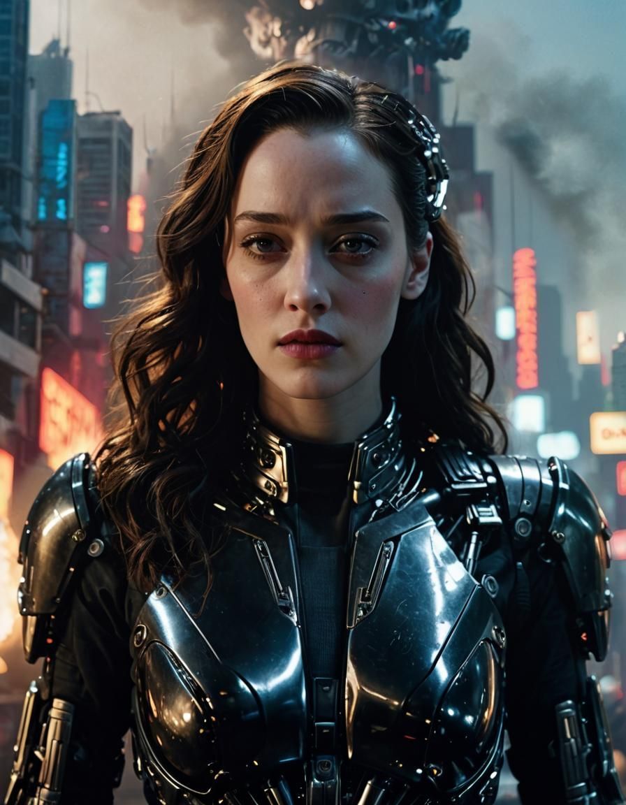 Kat Dennings as Terminator Endoskeleton in Cyberpunk Style