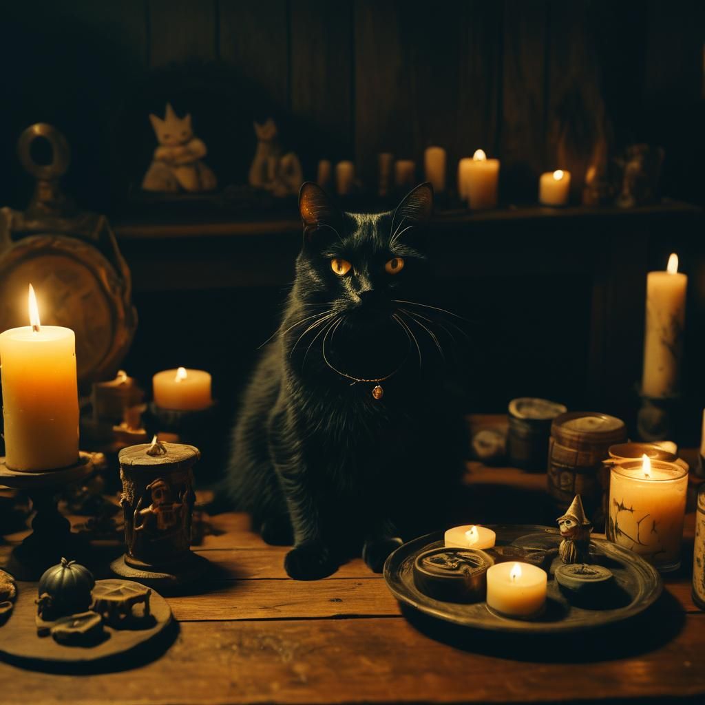 Mystical Cat Witch in a Cinematic Film Still