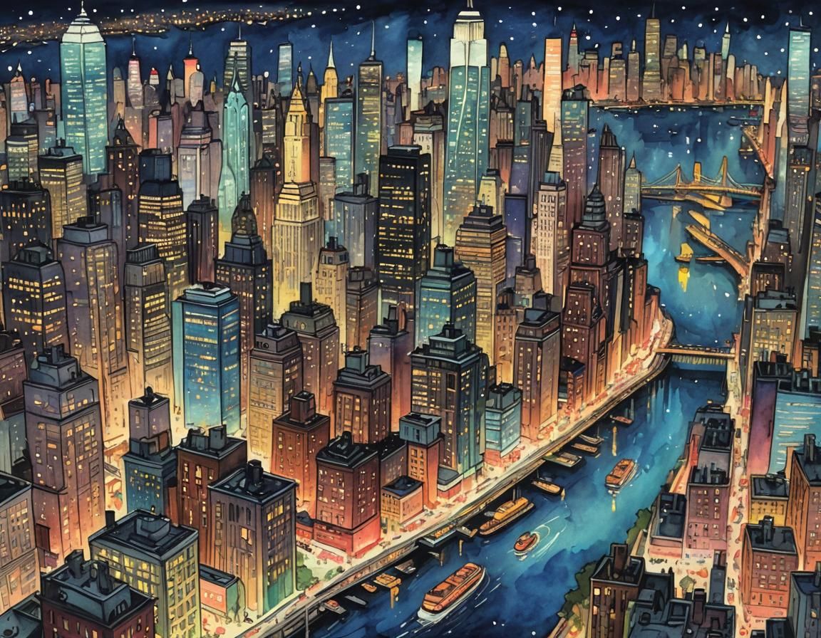 Hand-Drawn Watercolor of New York City at Night