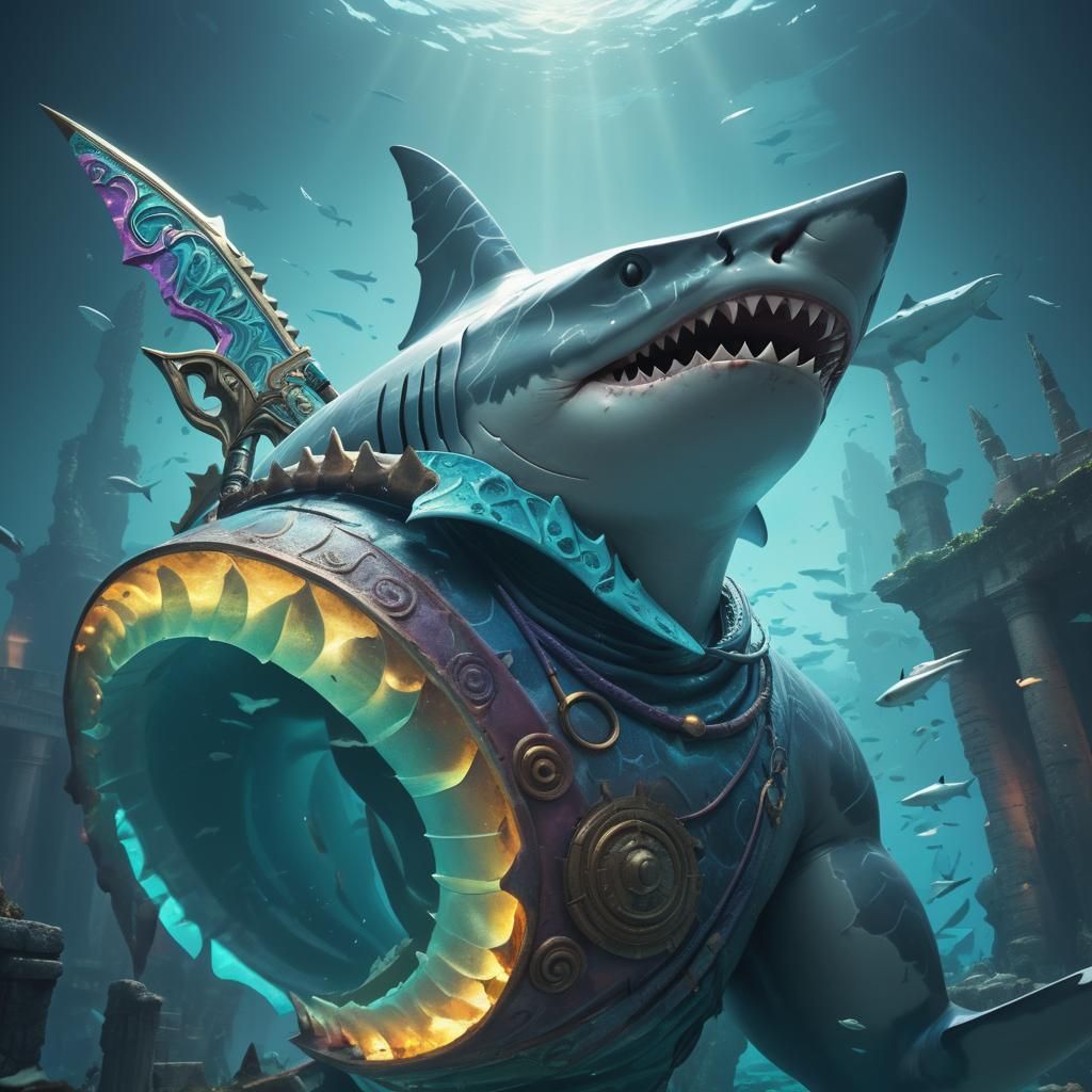 Atlantean Shark Warrior Guards Sunken City in Anime Style
