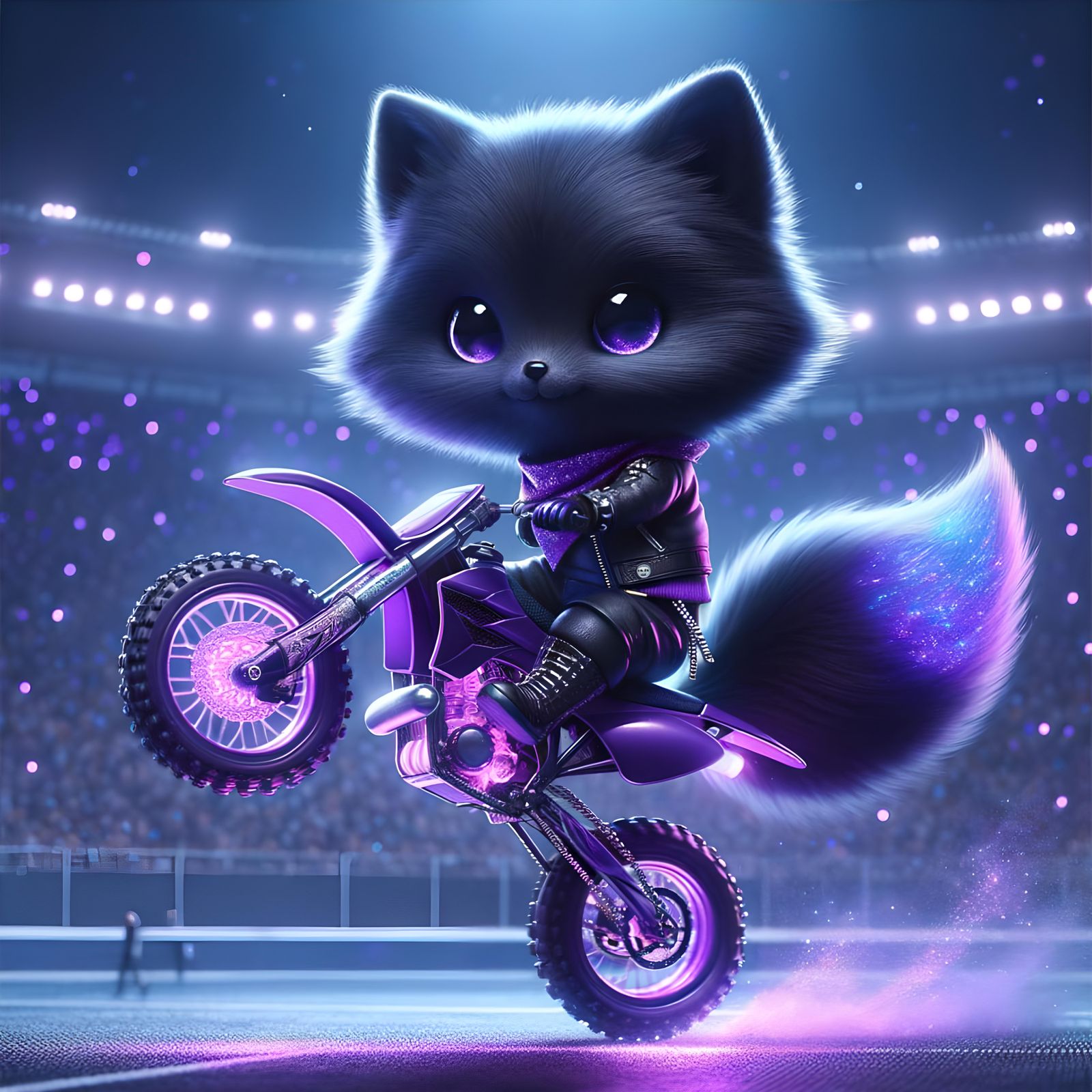 Chibi Fox on Purple Dirt Bike in Digital Art