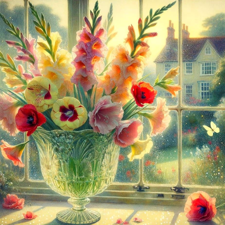 Vintage Watercolour Vase of Gladioli and Poppies in Dawn Lig...