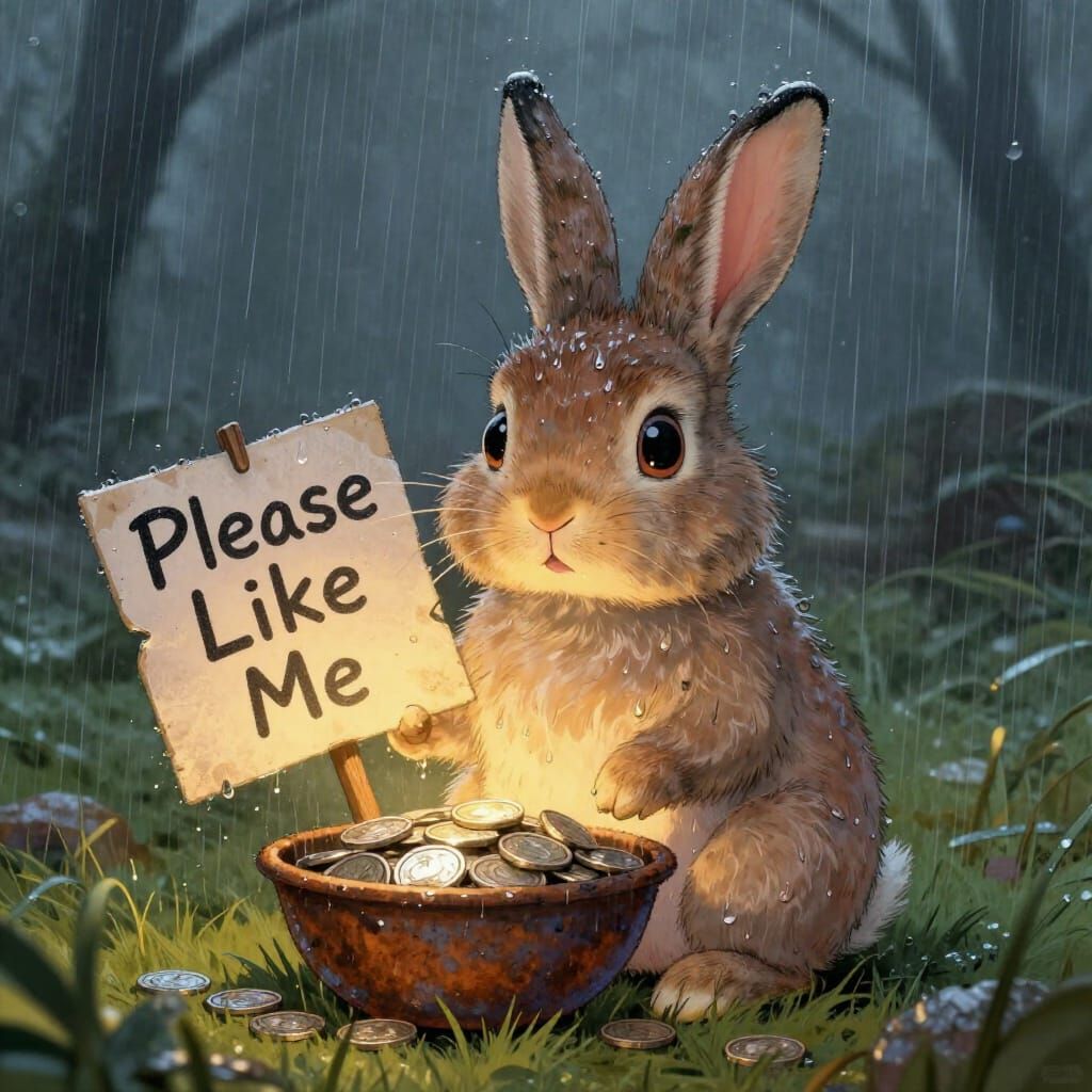 Sad Rabbit Begs for Likes with Coins, Storybook Style