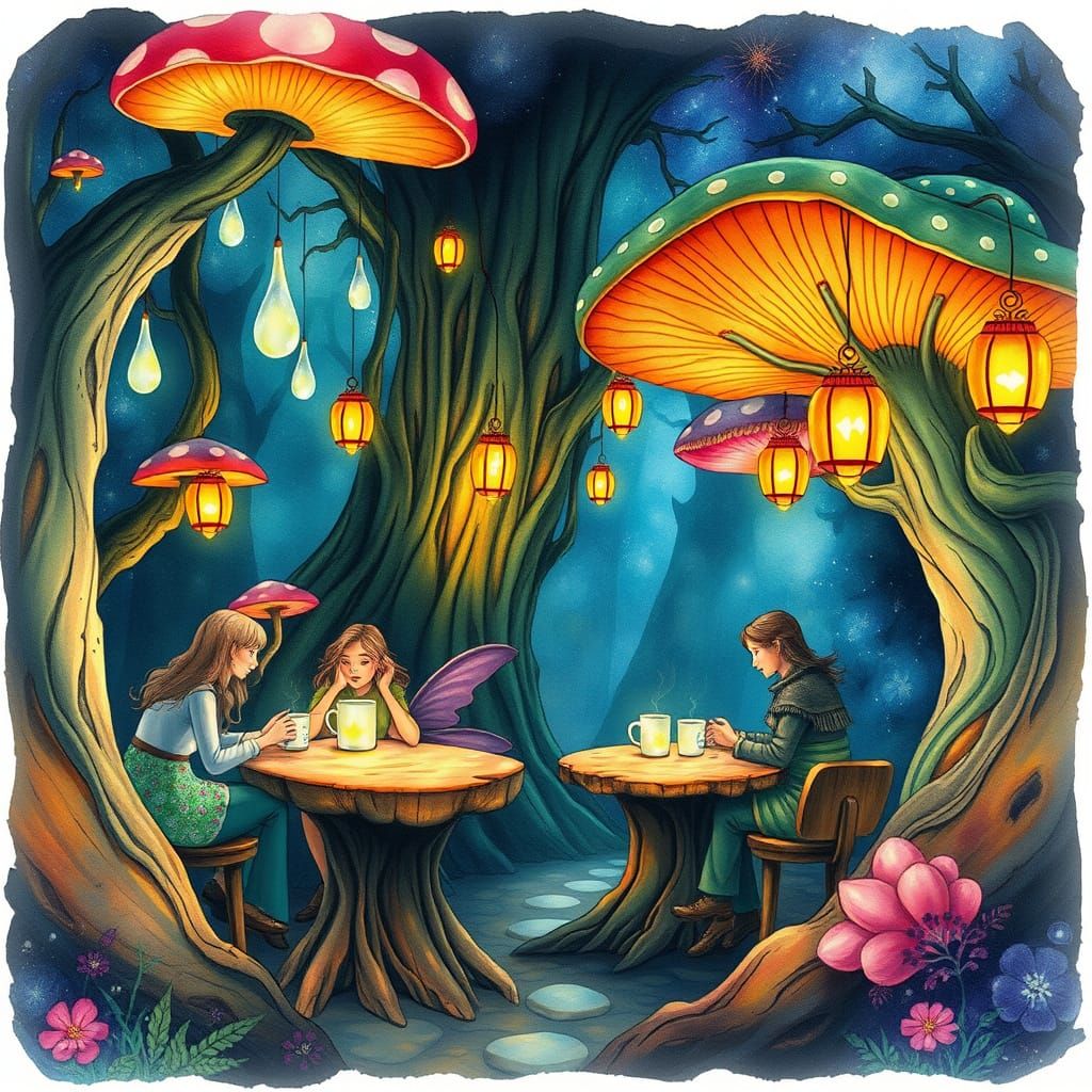 Enchanted Mushroom Forest Cafe With Fae Patrons
