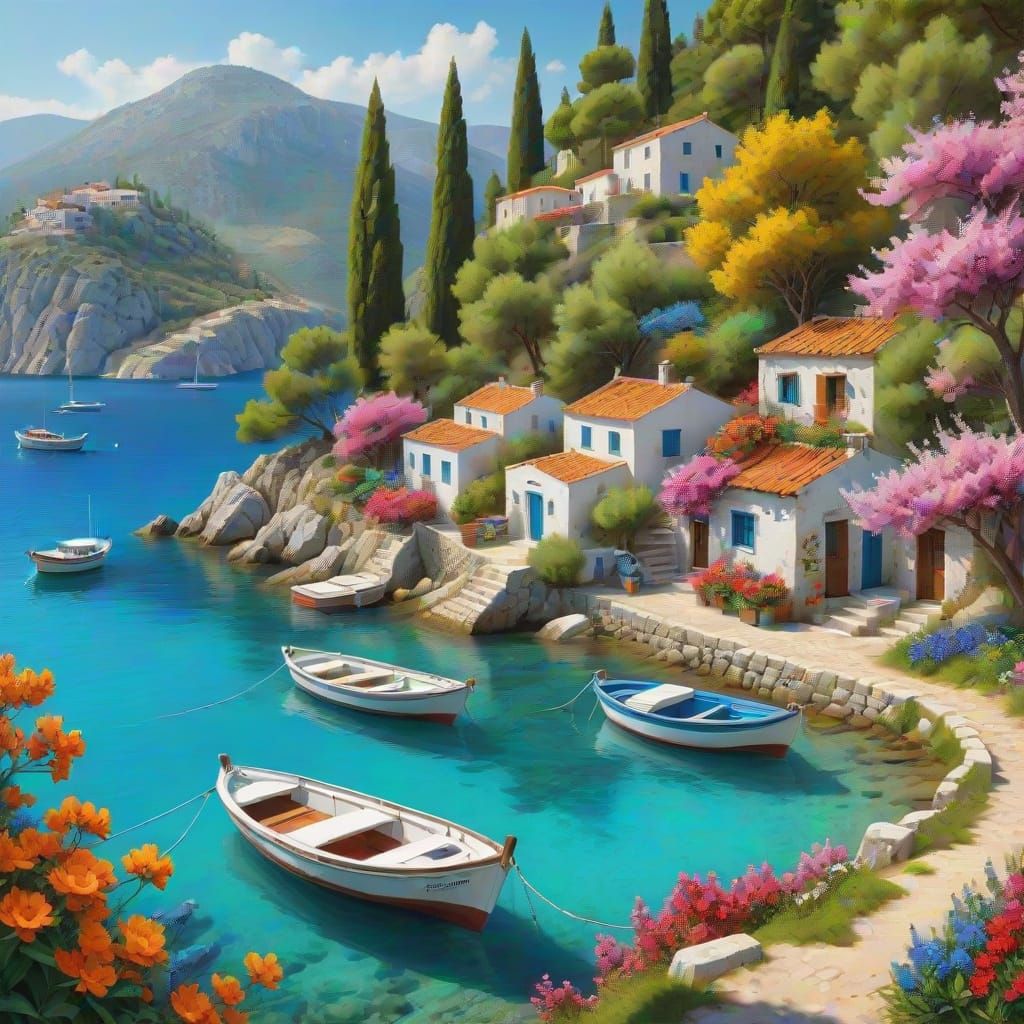 Greek Village Spring Landscape: Photorealistic Painting