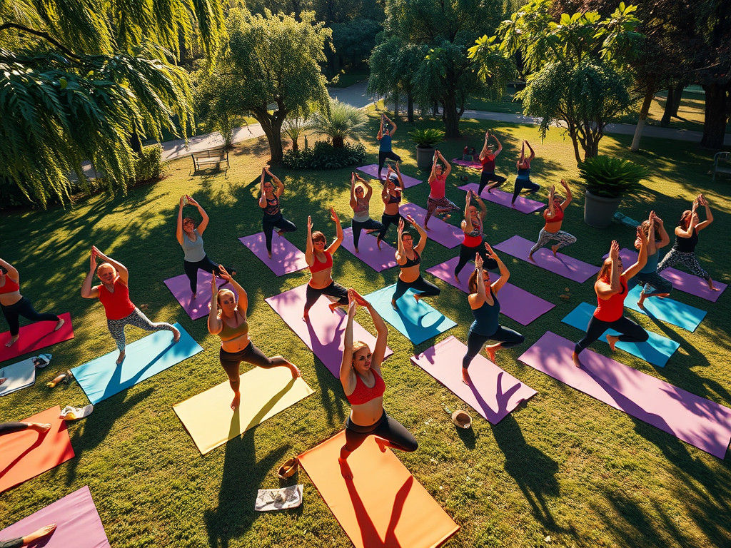 Aerial Yoga Class in Park, Hyperrealistic Drone Shot