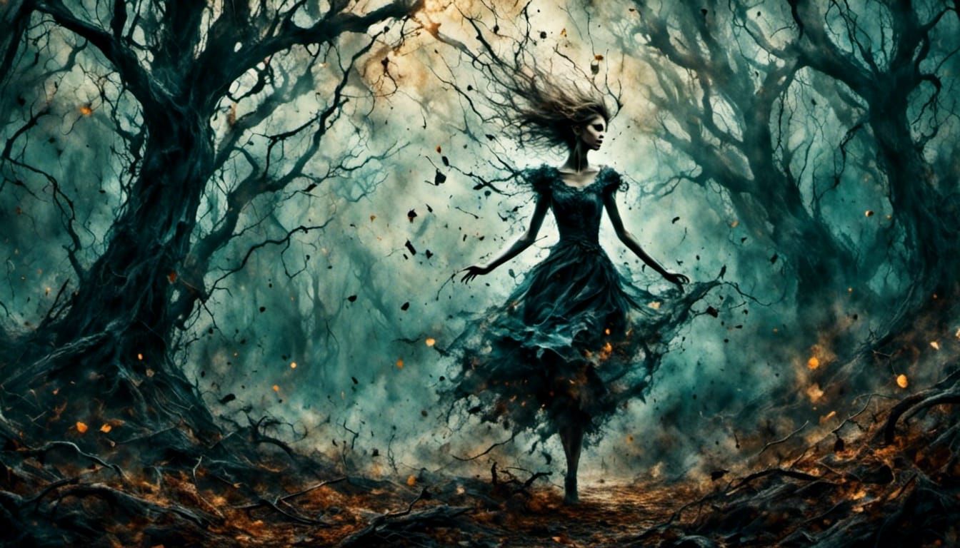 Eerie Forest Chase: Dark Romantic Dreamscape