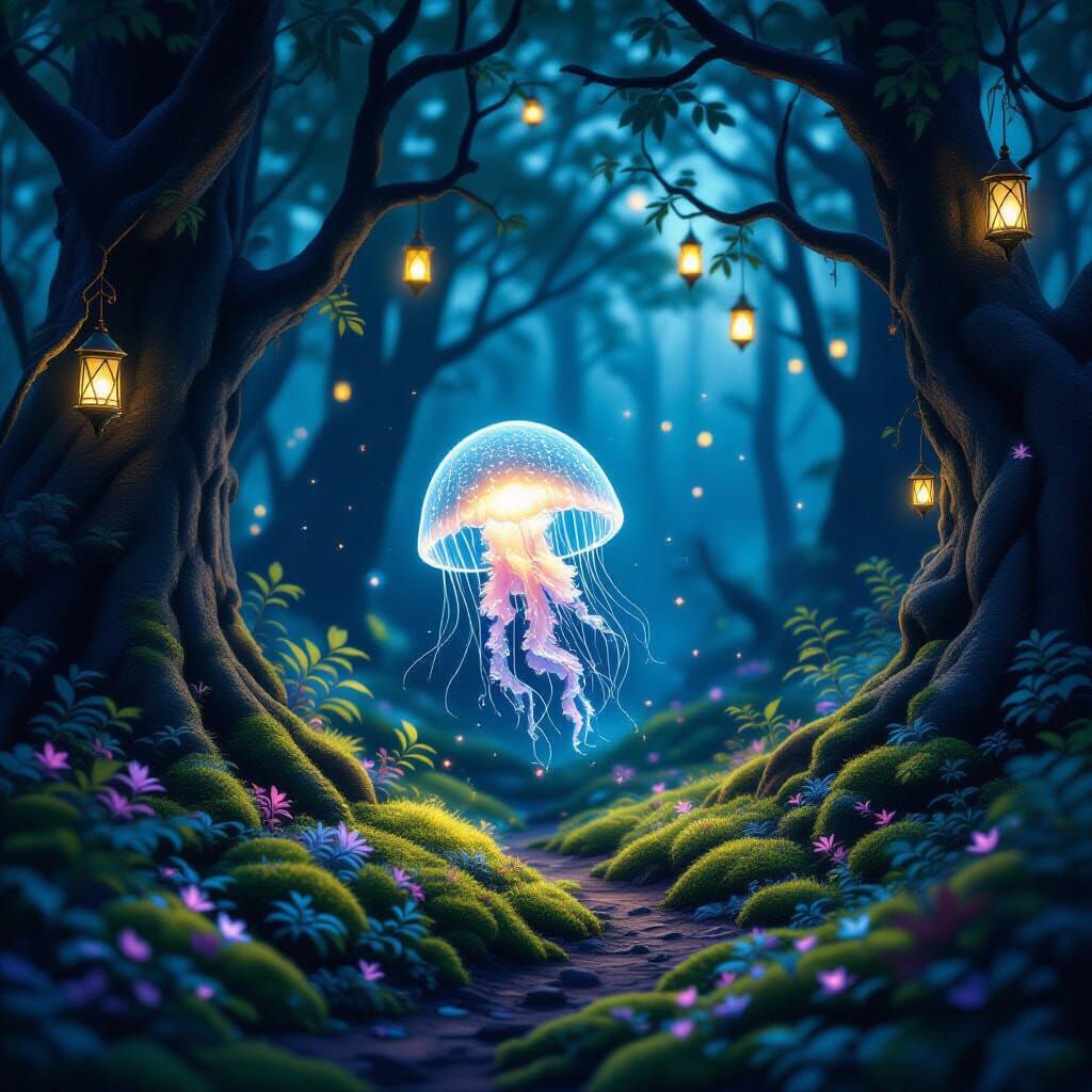 Bioluminescent Jellyfish in Enchanted Twilight Forest
