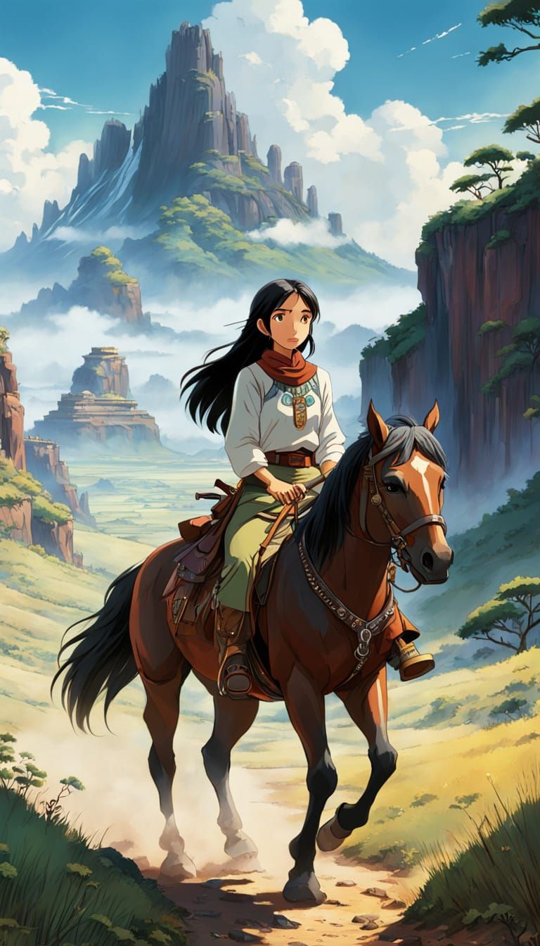 Native American Cowgirl Rides Across the Plains