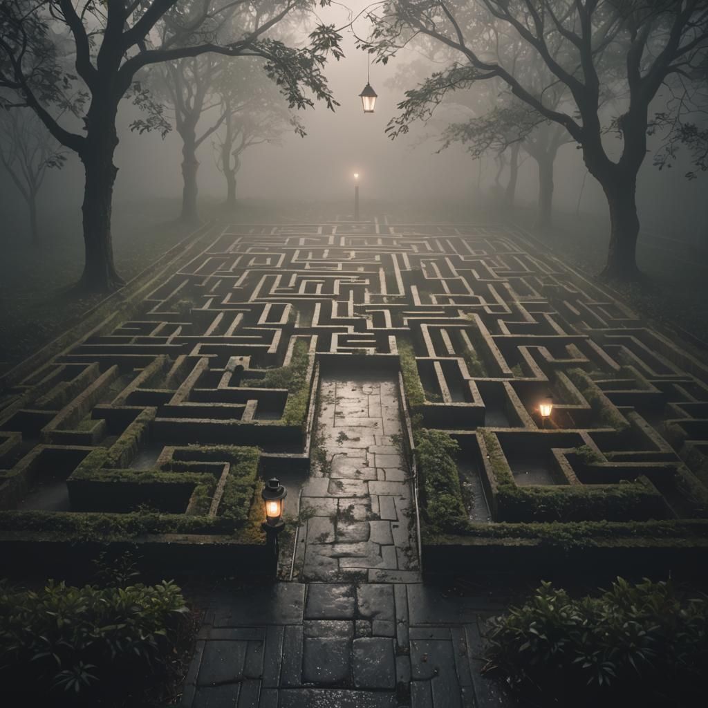 Ominous Fog in a Dark Labyrinth Garden