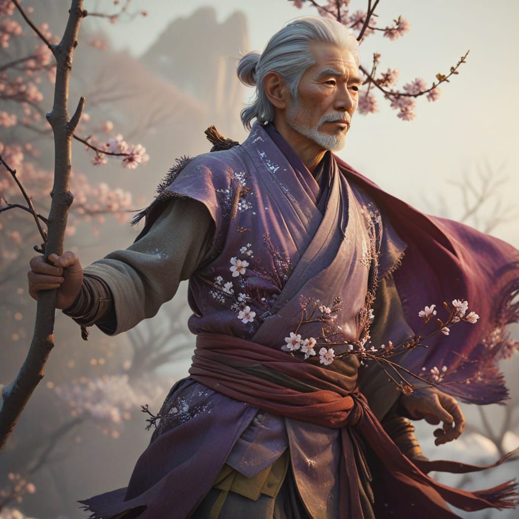 Aged Japanese Man Contemplates Winter Wonderland in Cinemati...