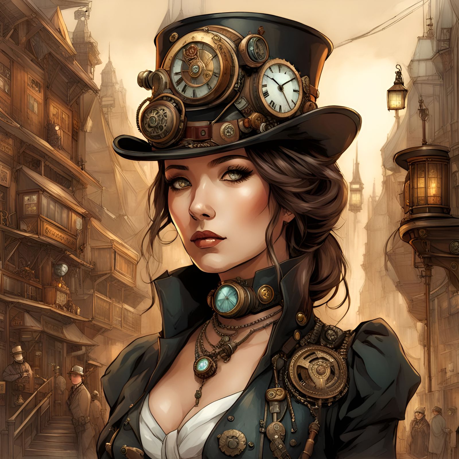 Steampunk Lady Portrait with Cityscape Background
