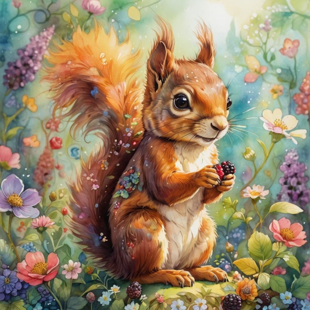 Squirrel in Whimsical Watercolor Garden