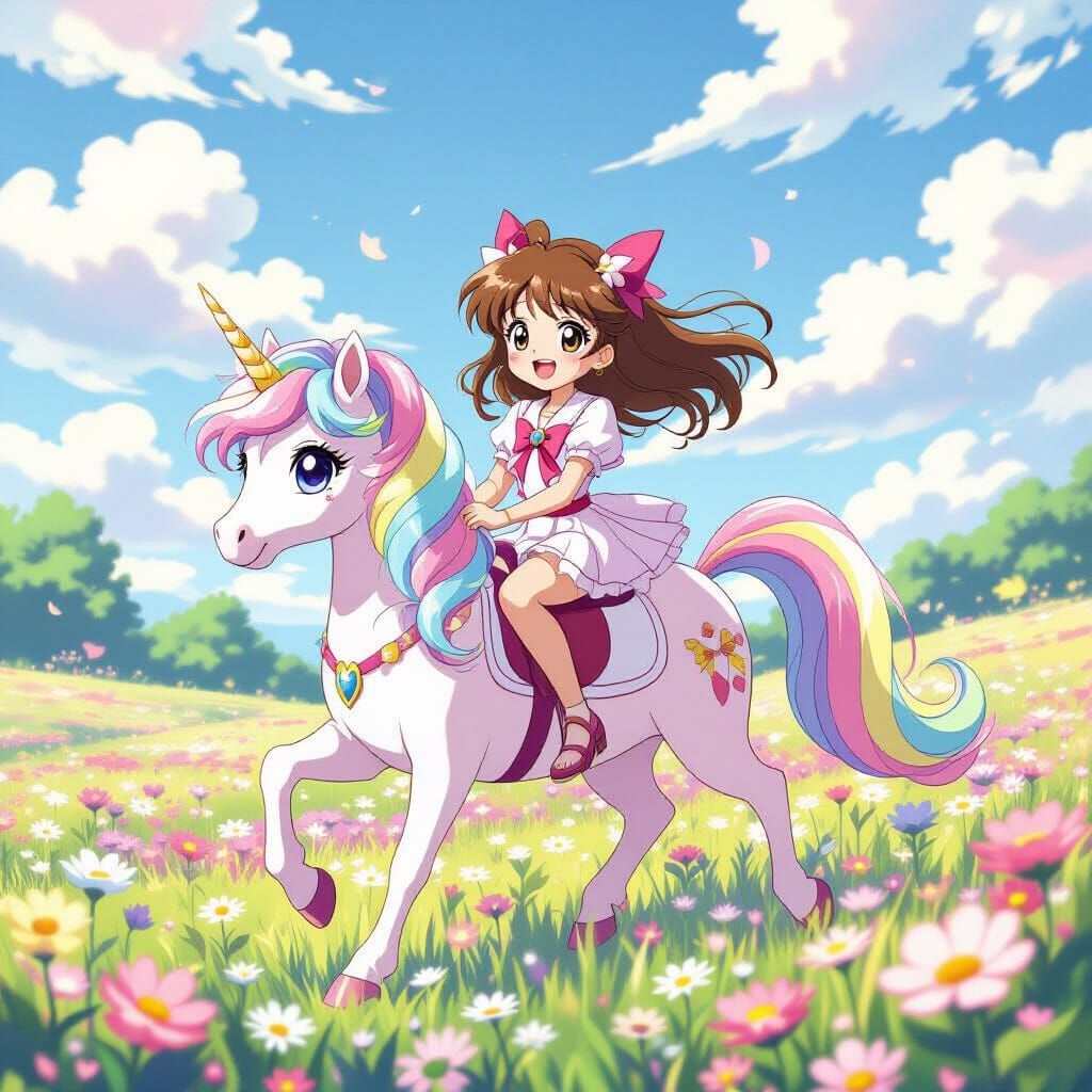 Sakura Kinomoto Rides a Pink Unicorn Through a Magical Meado...