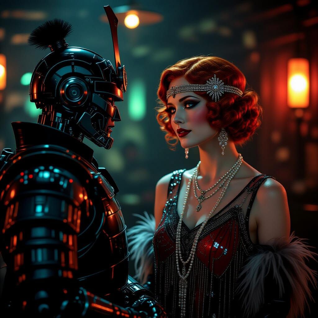 Flapper and Cyborg in Neon Speakeasy