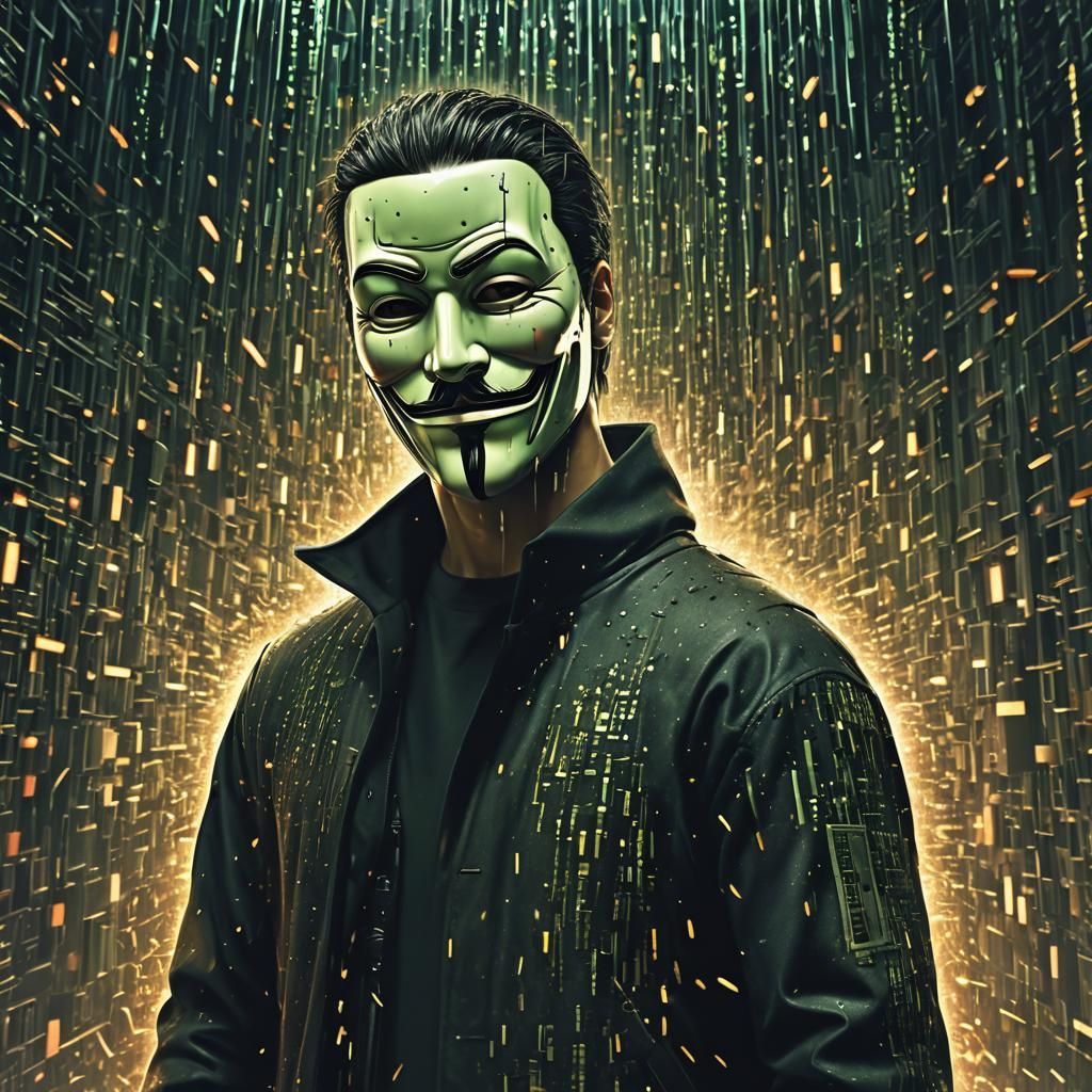 Matrix Hacker with Guy Fawkes Mask: Hyperrealistic Art