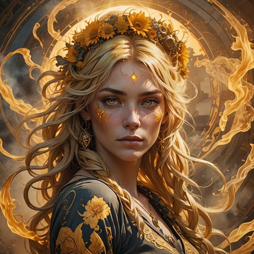 Yellow-Haired Woman with Sun Tattoo in Dynamic Lighting