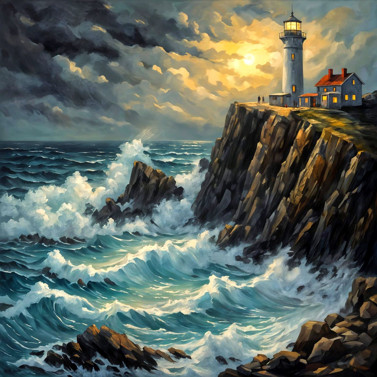 Impressionistic Lighthouse Amidst a Stormy Sea