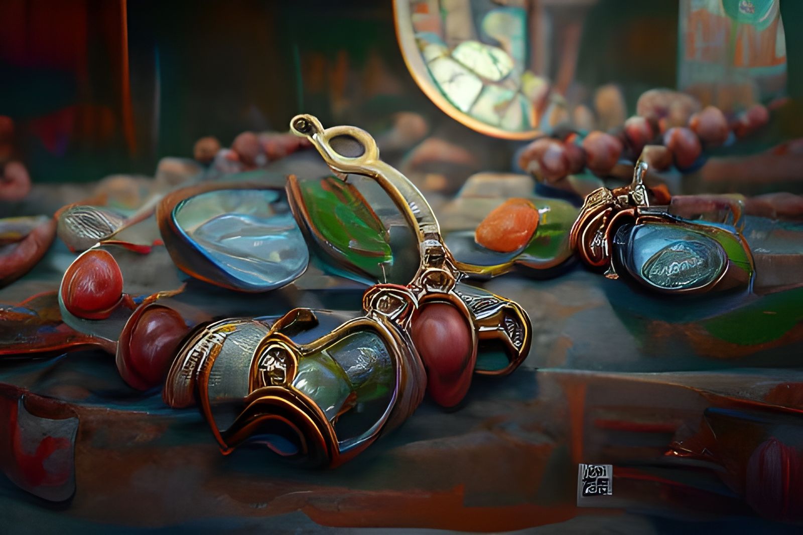 Antique Copper Jewelry in Museum: Oil Painting