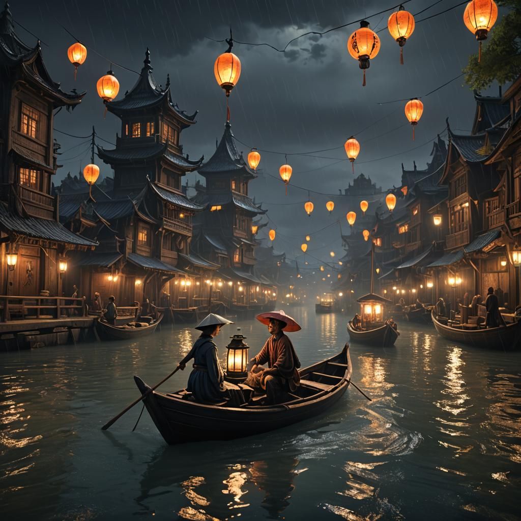 Night River Scene with Lanterns: Fantasy Concept Art