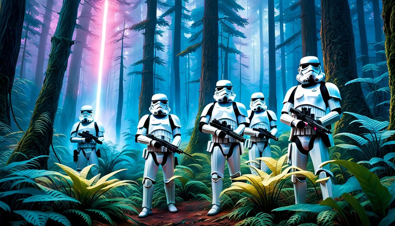 Stormtroopers Guard Mystical Forest in Kinkade Style