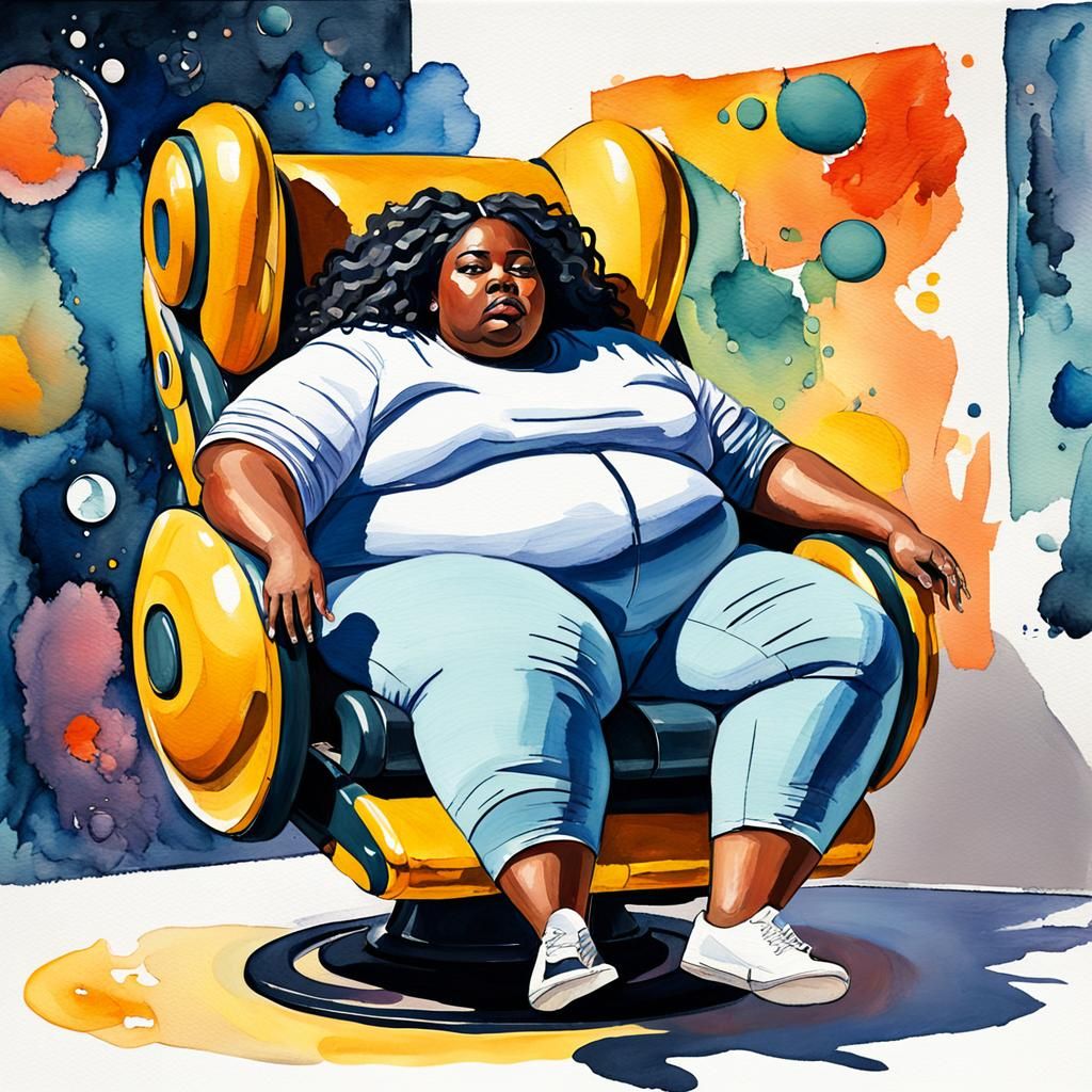 Obese Girl in Flying Chair: Gouache Impressionist Art