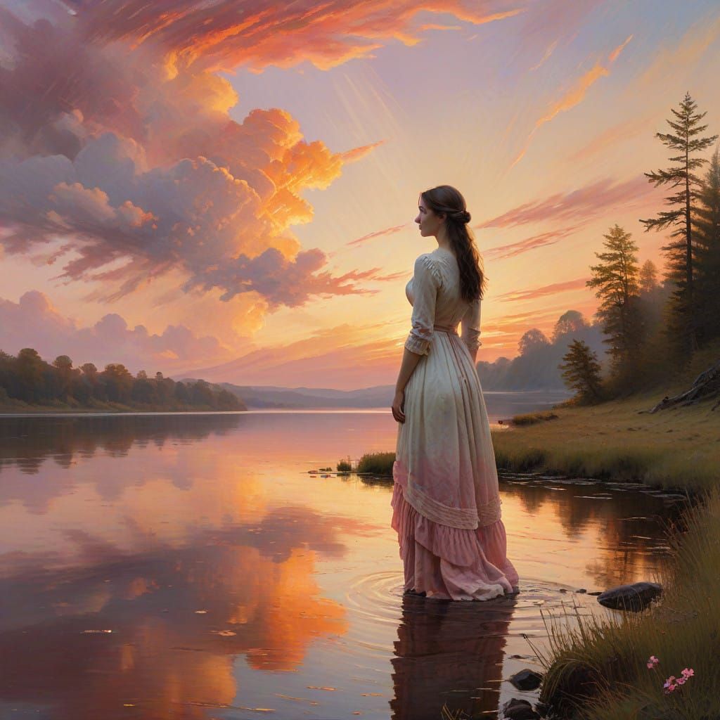 Ethereal Lake Shore Serenity in Golden Light