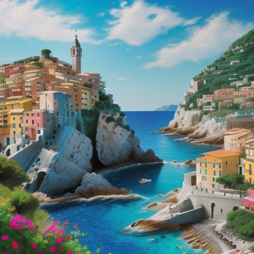 Italian Riviera in Vibrant Gouache