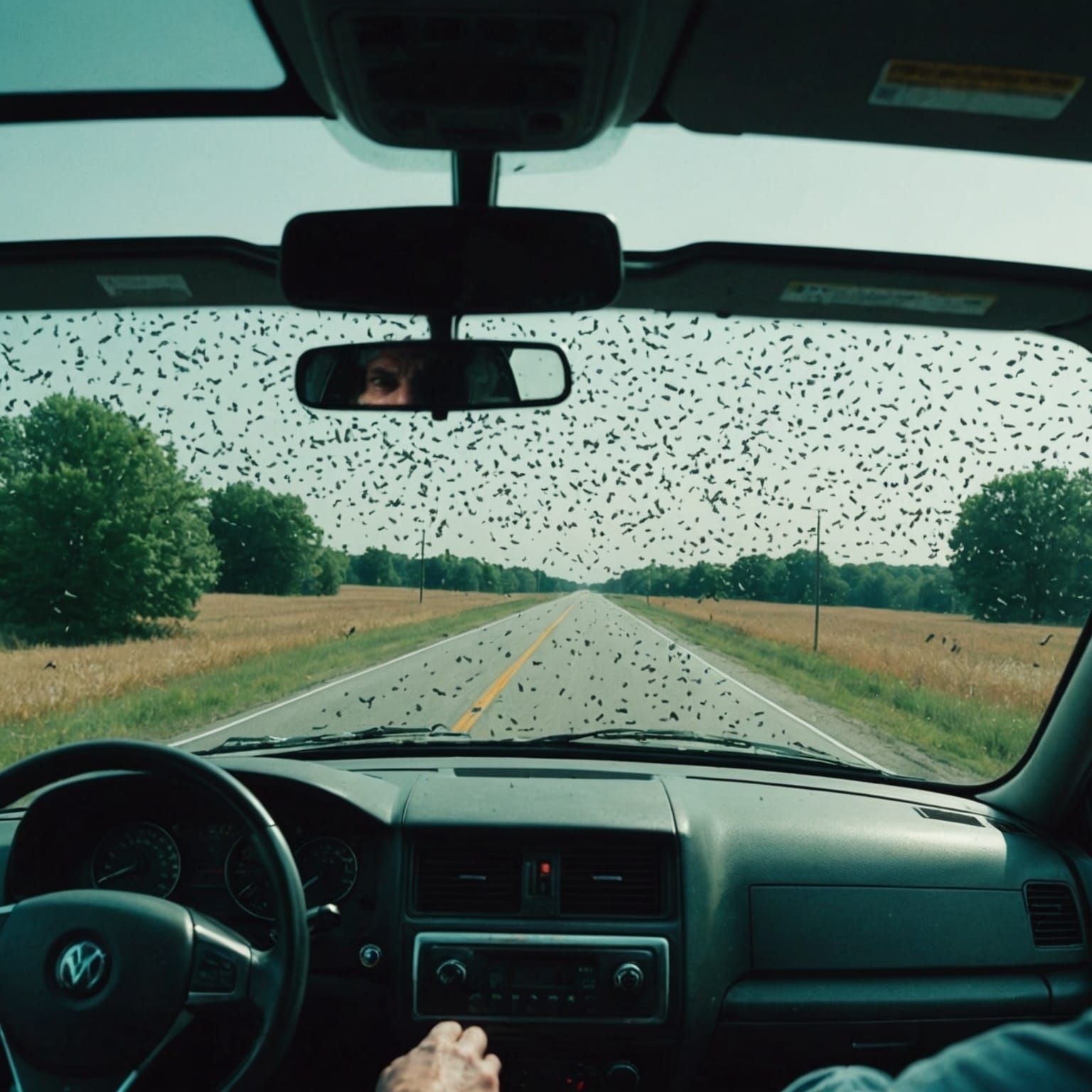 Bug-Covered Windshield on Midwest Highway: Cinematic Still